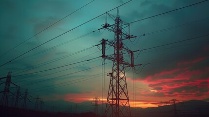 Aufkleber - Power lines stretching across the landscape at sunset, with the vibrant sky behind