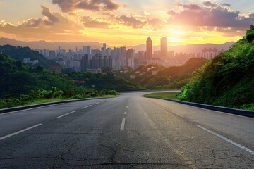 Poster - Urban landscape with a city skyline visible from an empty road