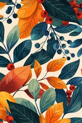 Aufkleber - A pattern of leaves and berries on a white background, suitable for designs and illustrations