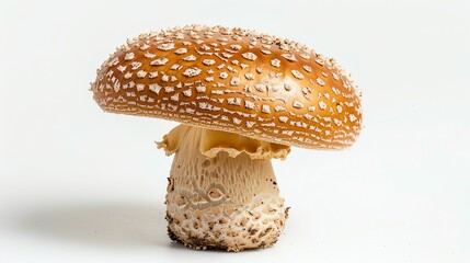 a large, orange mushroom with a white stem and a brown cap. the mushroom is isolated on a white back