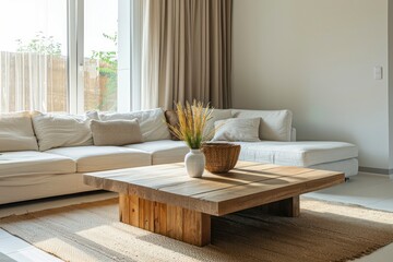 A wooden table complements the minimalist design of a living room, positioned next to a sleek, comfortable sofa.