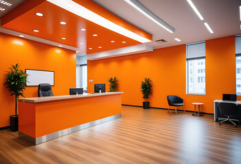 vibrant orange office reception area modern decor high resolution high details vibrant