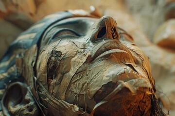 Poster - Close-up shot of a wooden statue depicting a person, great for decorative or symbolic purposes