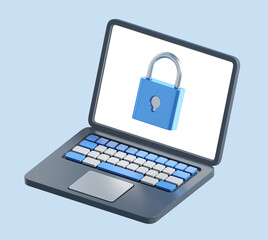 Poster - 3d rendering of laptop with lock. stylized simple 3d icon of laptop. 3d illustration for business	