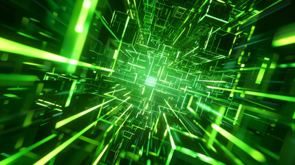 Canvas Print - A digital space with green lines and squares glowing in the dark