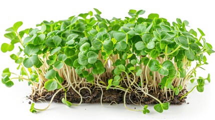 Healthy microgreens growing on soil surface isolated on white background