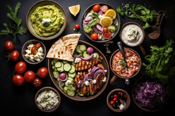 Wall Mural - Greek food background. Meze, gyros, souvlaki, fish, pita, greek salad, tzatziki, assortment of feta, olives and vegetables. Traditional different greek dishes set.