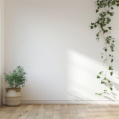 Wall Mural - a realistic close up background for a product photography, display scene, creamy white wall with rustic wood flooring, studio light, empty backdrop, rustic pots with plants on the left side 