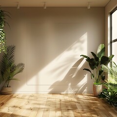 Wall Mural - a realistic close up background for a product photography, display scene, creamy white wall with rustic wood flooring, studio light, empty backdrop, rustic pots with plants on the left side 