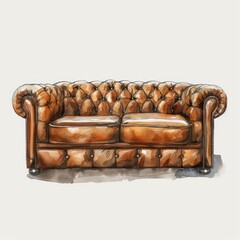 Wall Mural - Brown leather Chesterfield sofa illustrated with detailed tufting and classic design elements, showcased on a white background.