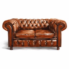 Wall Mural - Brown leather Chesterfield sofa illustrated with detailed tufting and classic design elements, showcased on a white background.