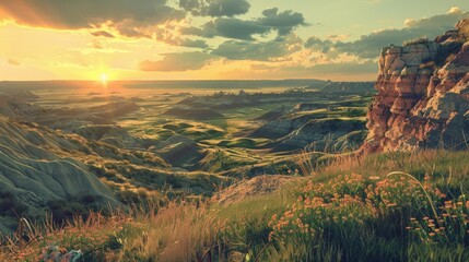 Poster - A serene landscape with the sun setting over hills and valleys, suitable for travel or nature photography