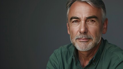 Close-up portrait of a mature professional businessman in a green shirt, displaying confidence and seriousness, isolated on a gray background