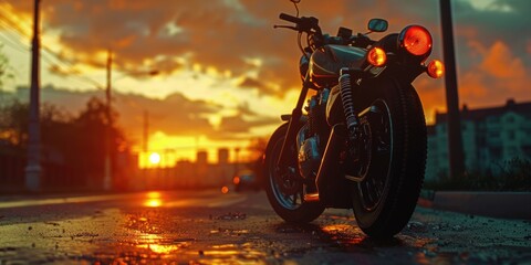 Poster - A motorcycle parked on the side of a road at sunset