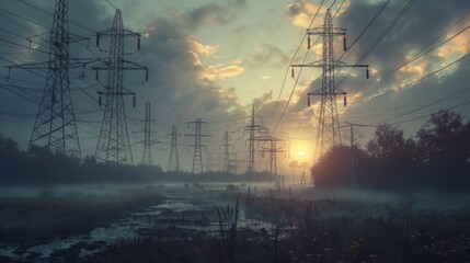 Poster - A misty landscape with electrical towers in the distance, perfect for use in environmental or infrastructure-related projects