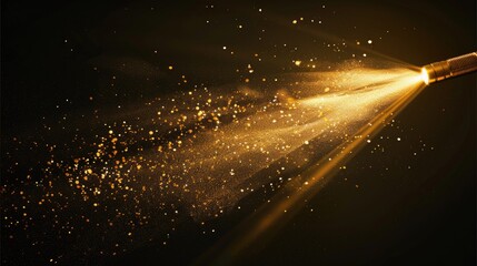 Wall Mural - Golden beams of magic light from flashlight, sparkling with glitter and shining bright on dark night background, creating highlights