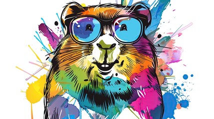  A cartoon style animal wearing sunglasses with a happy expression is depicted in a colorful ink painting style against a white background with clean lines and simple strokes. Generated AI