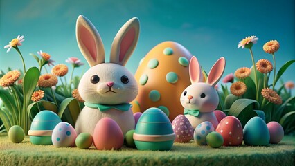 easter bunny and eggs 3d render