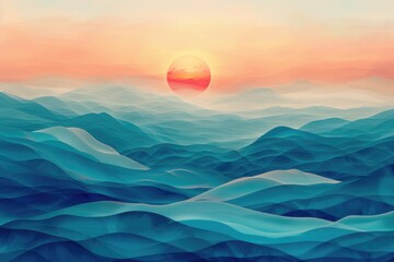 Poster - A digital painting of a serene sunset over the ocean with warm hues and gentle waves