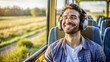 © NewFresh  - Young handsome man listening to music in a bus, wearing headphones.