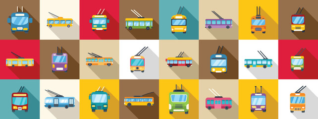 Sticker - Trolleybus icons set. Set of trolleybus icons in flat style with long shadow representing public transportation in big cities