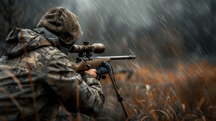 Wall Mural - A man in camouflage is holding a rifle and looking through a scope