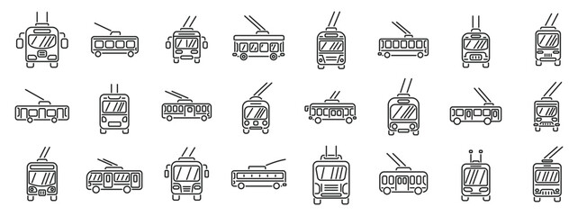 Poster - trolleybus icons set. large set of simple trolleybus icons in various positions, showing public tran