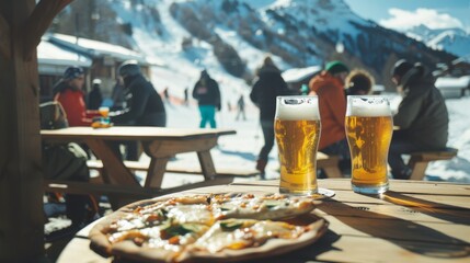 Ski Resort Outdoor Dining with Beer and Pizza on a Sunny Winter Day