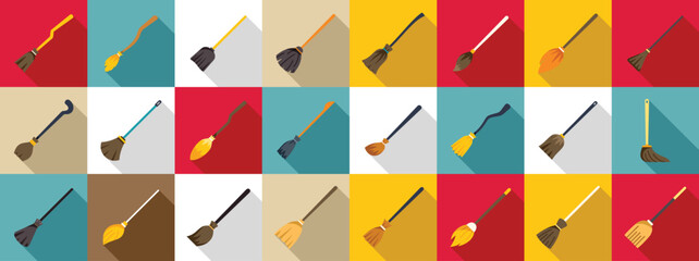 Canvas Print - Broomstick icons set. Collection of different brooms for cleaning and performing magic rituals with long shadow on colorful backgrounds in flat style