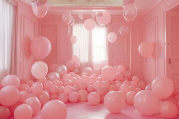 Poster - room with bunch of balloons and bunch of balloons, blush pink room filled with funny-shaped balloons