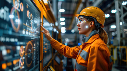 Poster - Machinery efficiency, augmented reality controls, high-tech factory, modern industrial environment