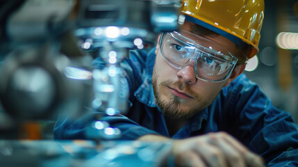 Poster - Worker inspecting robotic fabrication systems, fabrication, quality control in automation careers 