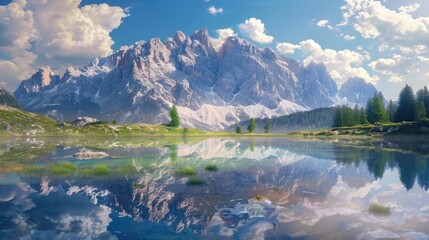 Poster - A serene landscape featuring a mountain range and a lake in the foreground, great for use in travel or outdoor adventure images