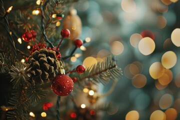 Poster - christmas tree with bunch of ornaments, bokeh background with soft, blurred lights, perfect for festive mood