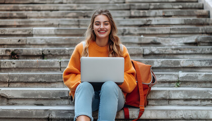 Full body length photo of young cheerful smiling student woman sitting stairs learning management bachelor program using laptop outdoors