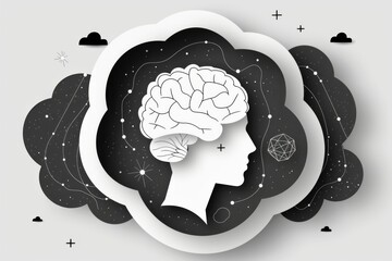 Monochromatic brain and cloud illustration with abstract layers shades of black and white conceptual and intricate design digital art imaginative and detailed