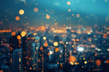 Poster - blurry photo of blue and yellow background, bokeh background with sparkling city lights, capturing the energy of urban life