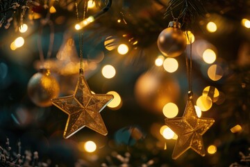 Aufkleber - bunch of stars hanging from tree, bokeh background with twinkling stars, ideal for magical setting