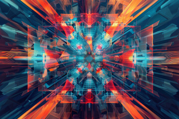 Sticker - Abstract digital artwork featuring an intricate pattern of intersecting geometric shapes in vibrant red orange and blue hues