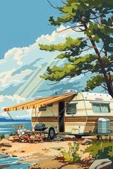 Wall Mural - Cartoon style illustration of an old travel trailer with awning the trailer is located by a lake there is a grill in front a family sitting around the grill sunshine and a blue sky