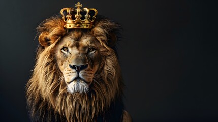 Majestic lion king wearing golden crown on dark background