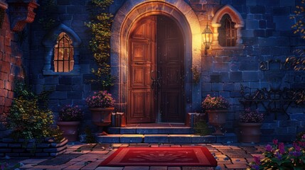 Poster - A simple yet elegant design featuring a red rug leading up to a traditional wooden door