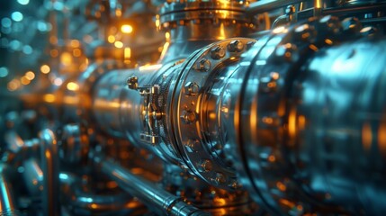 Wall Mural - Closeup of an advanced industrial reactor complex piping and valves illuminated by soft blue ambient light visible steam the background fades into a hazy factory environment created using macro