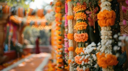 Traditional Indian wedding ceremony with the bride and groom exchanging garlands amidst vibrant decorations and family celebrations