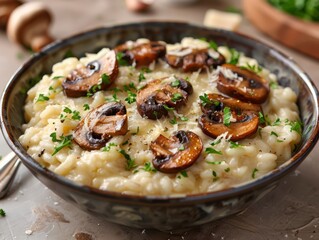 Wall Mural - A bowl of creamy risotto with visible slices of mushrooms a sprinkle of grated parmesan cheese on top 