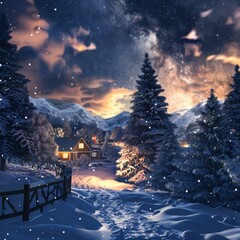 A cozy cabin nestled in a snowy forest under a starry sky. The path leading to the cabin is lit by warm light, creating a magical winter scene.