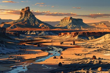 Canvas Print - A serene desert scene featuring a river flowing through the sand dunes