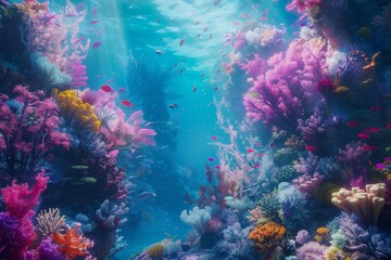 Wall Mural - large group of fish swimming in large aquarium, breathtaking underwater scene showcasing colorful coral reef teeming with diverse marine life