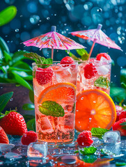 Wall Mural - Refreshing summer cocktail with orange, raspberry and mint being splashed with water