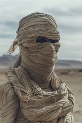 Poster - A person is seen with their head and face wrapped, standing in a desert environment